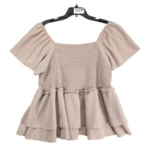 Emery Rose Khaki Smocked Blouse Plus Size 4XL Off Shoulder Flutter Slv Peasant